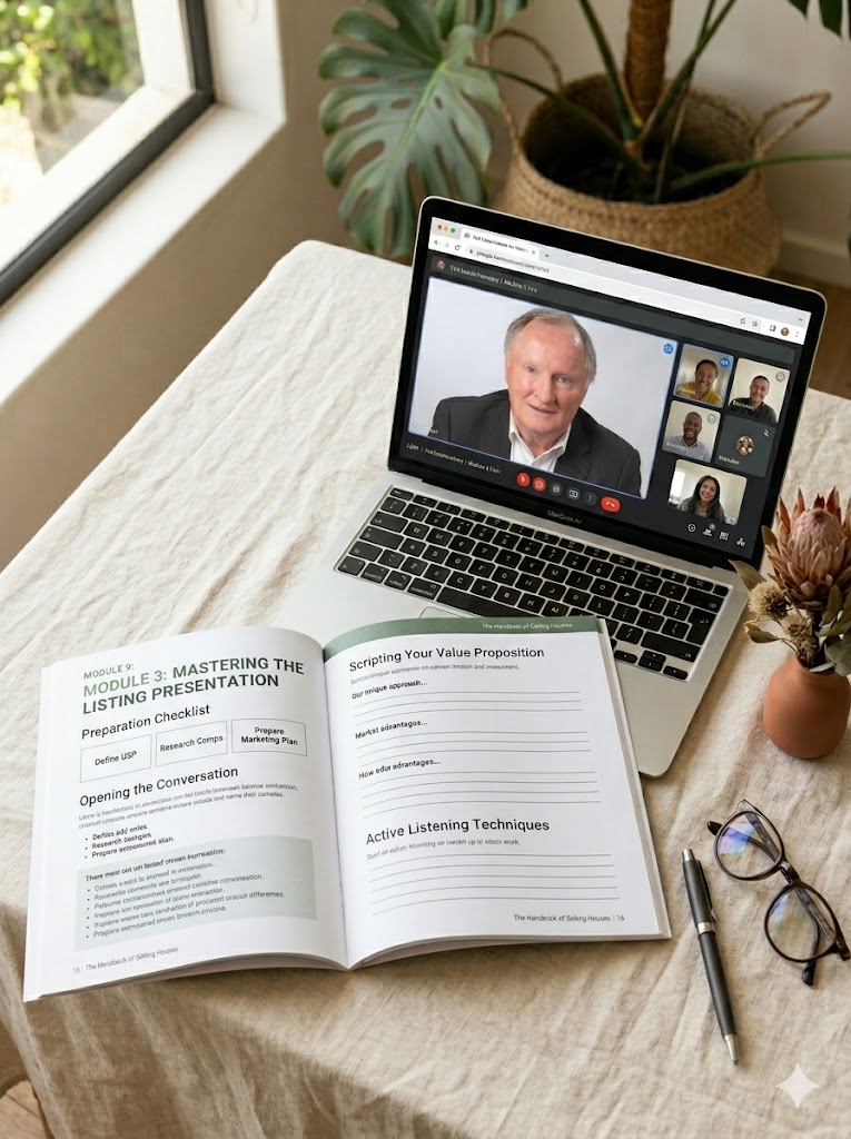 The Handbook of Selling Houses workbook open beside a laptop showing a live coaching session